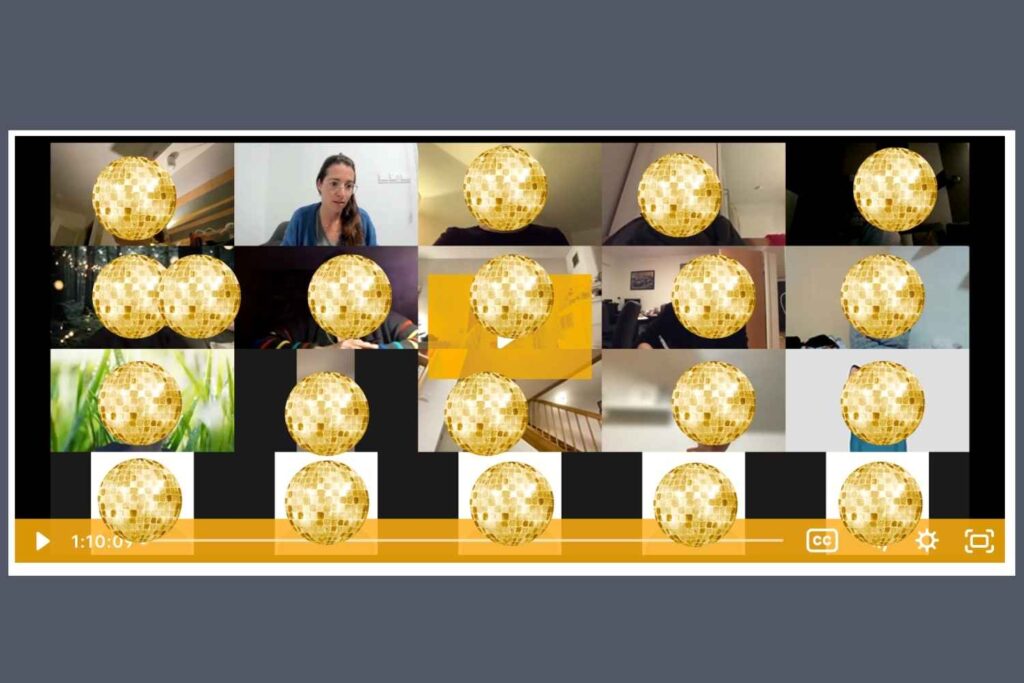 CCC Zoom Call mit Dicokugeln übder den Gesichtern