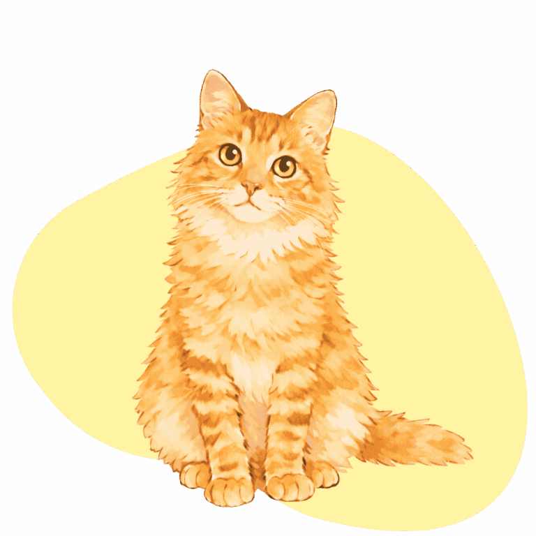 Illustration von einer roten Katze (getigert) auf einem gelben Fleck im Hintergrund